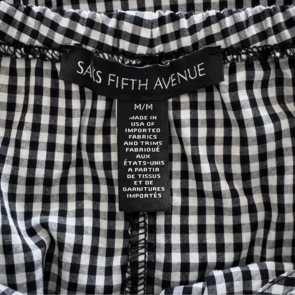 Saks Fifth Avenue Gingham Off-Shoulder Hi-Low Dress Tie Waist Black White M